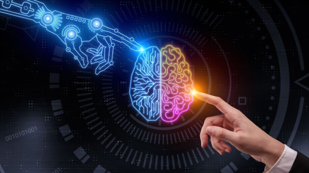 Artificial intelligence concept with an artificial hand reaching for a human hand.