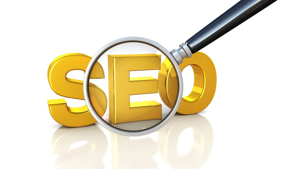 The word "SEO" with a magnifying glass over it.