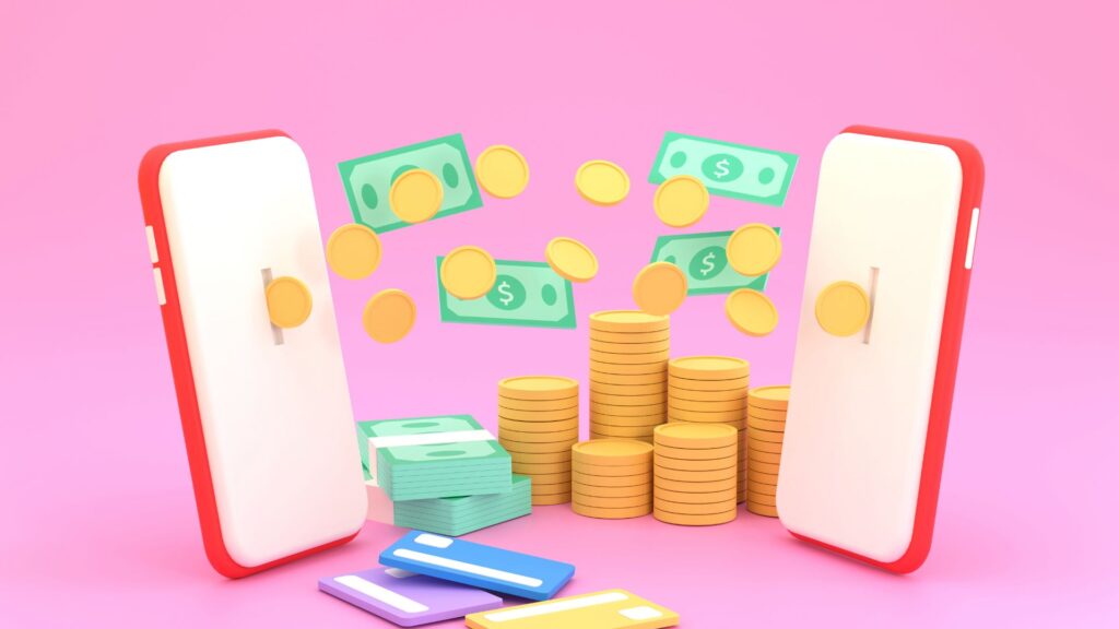 Mobile phones transferring money concept.