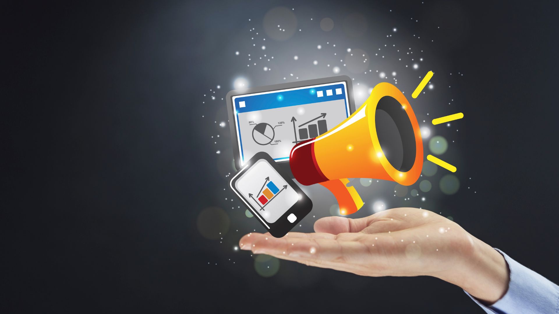 Digital marketing concept hovering over palm of hand.